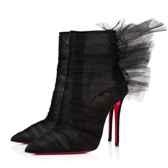 Christian Louboutin Libellibooty 100 Black Mesh Tulle Ankle Boot Heel Pump 37.5 - Picture 1 of 11